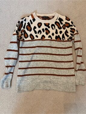 Pink Clover Cozy Chunky Animal-Print Stripe Sweater - Cream, Rust & Black -Sz XS